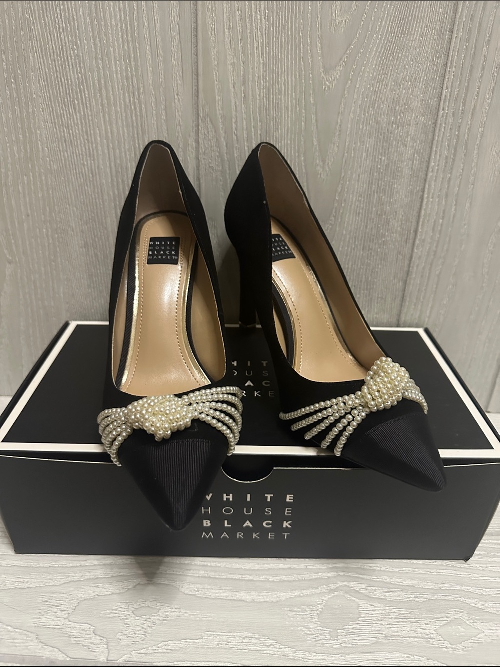 White House Black Market Laurie Suede Pointed-Toe Stiletto Pumps with Pearls 6M